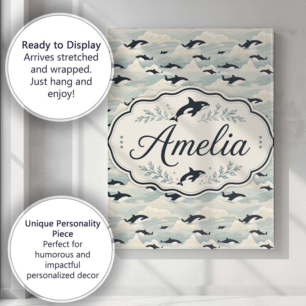 Personalised Name Orca Whale Seaweed Custom Premium Decorative Design Modern Room Accent Canvas Wall Art Print Decor Picture Ready to Hang