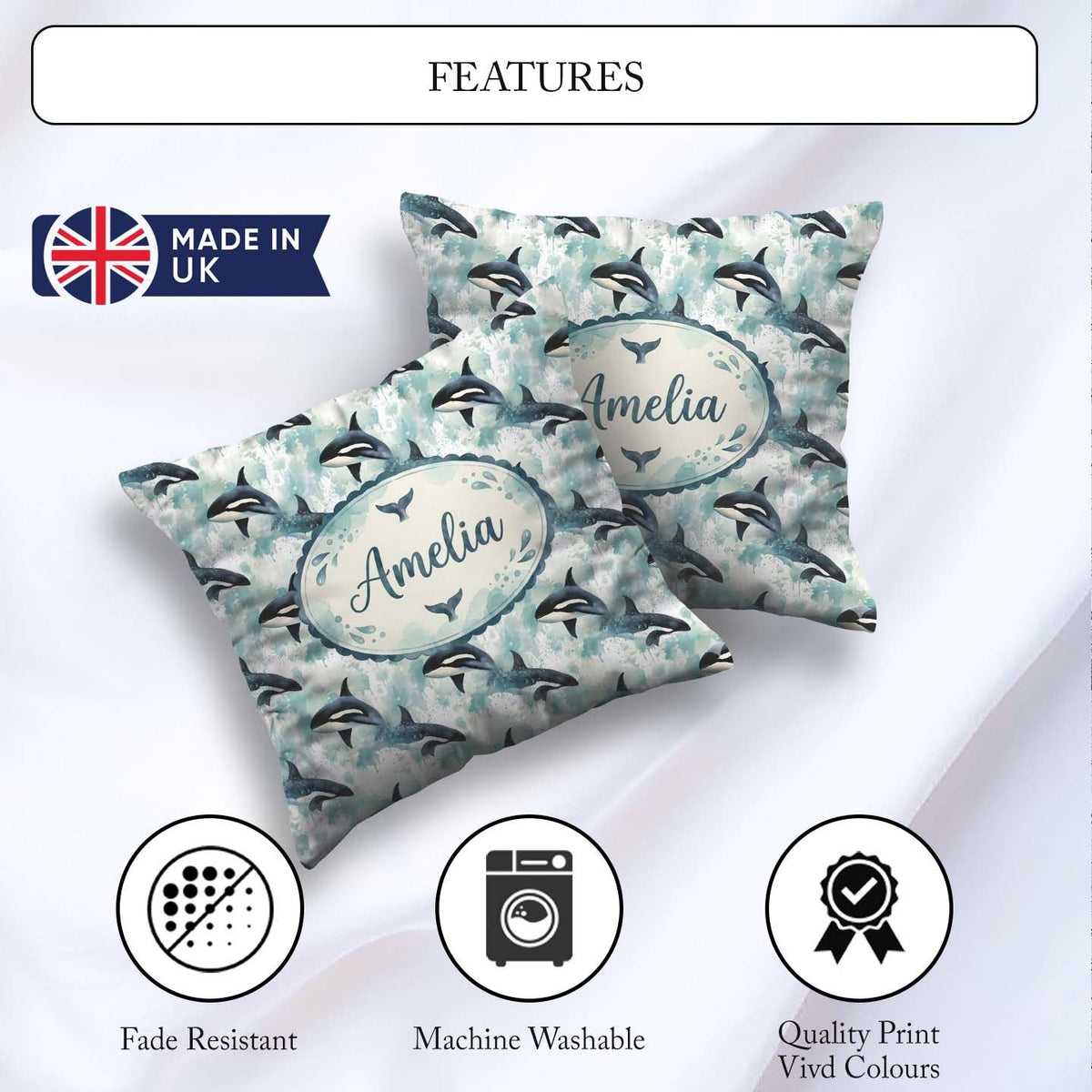 Custom Name Orca Whale Coral Reef Seamless Pattern Vibrant Ocean Square Filled Cushion Throw Pillow Sofa Bed Home Decor Zip Washable UK Made