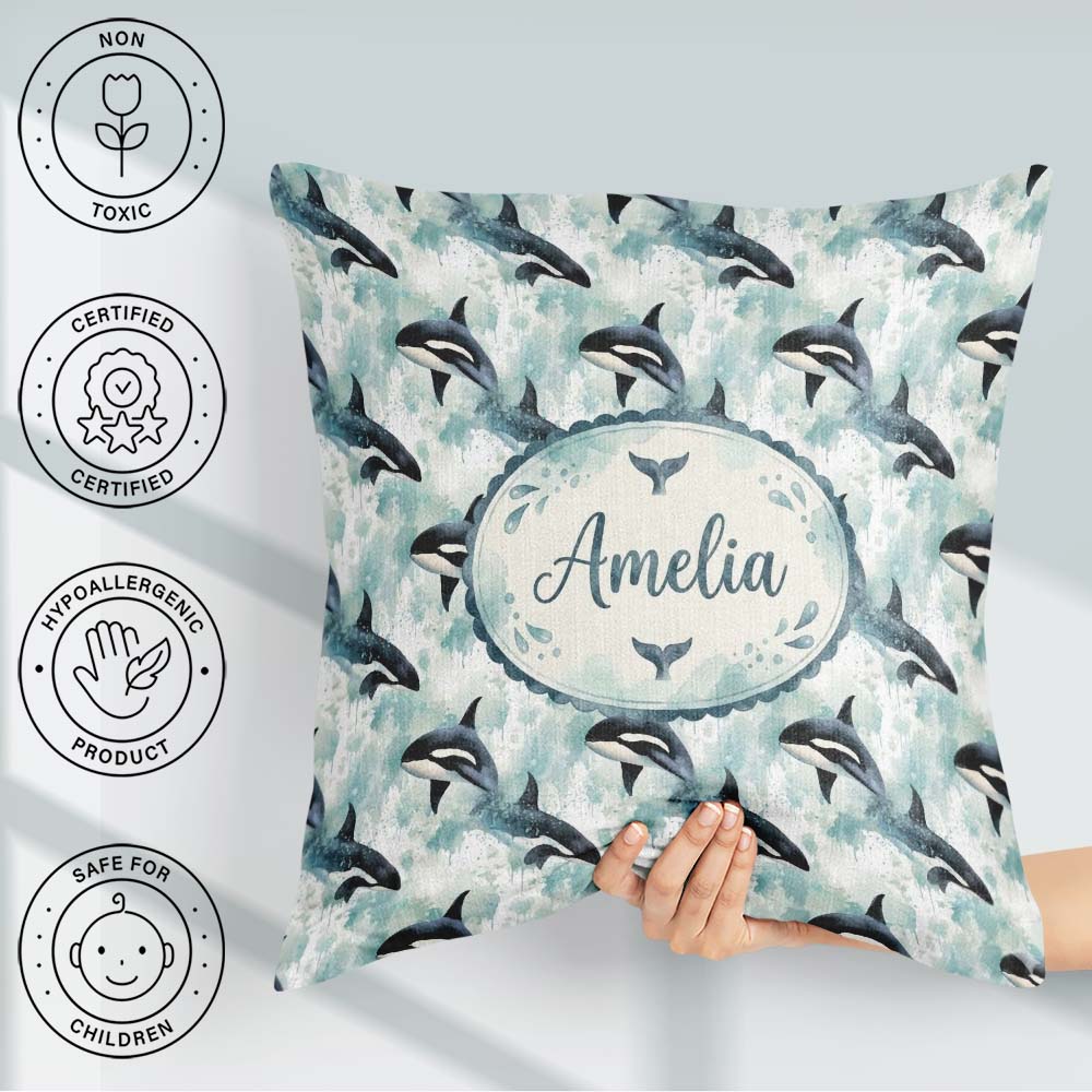 Custom Name Orca Whale Coral Reef Seamless Pattern Vibrant Ocean Square Filled Cushion Throw Pillow Sofa Bed Home Decor Zip Washable UK Made