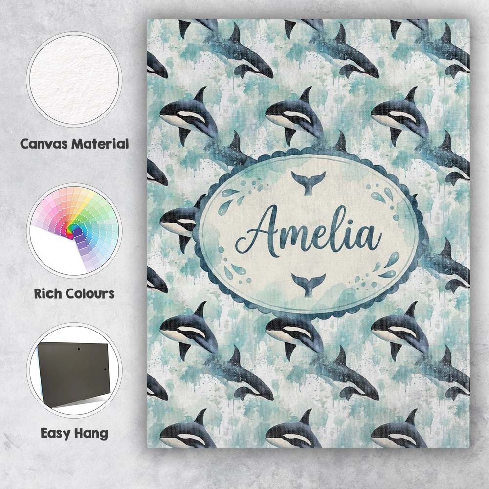 Personalised Name Orca Whale Coral Reef Custom Modern Room Accent Elegant Feature Canvas Wall Art Print Decor Picture Ready to Hang