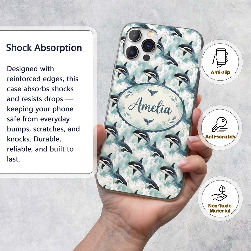 Orca Whale Coral Reef Seamless Pattern Vibrant Custom Name Protective Phone Case Mobile Cover Durable Everyday Smartphone Shock Resistant