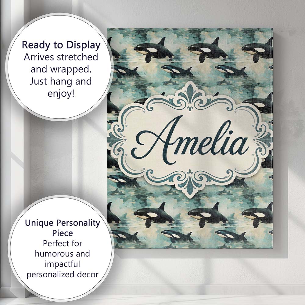Personalised Name Orca Whale Bubble Ocean Custom Unique Gift Idea Elegant Feature Canvas Wall Art Print Decor Picture Ready to Hang