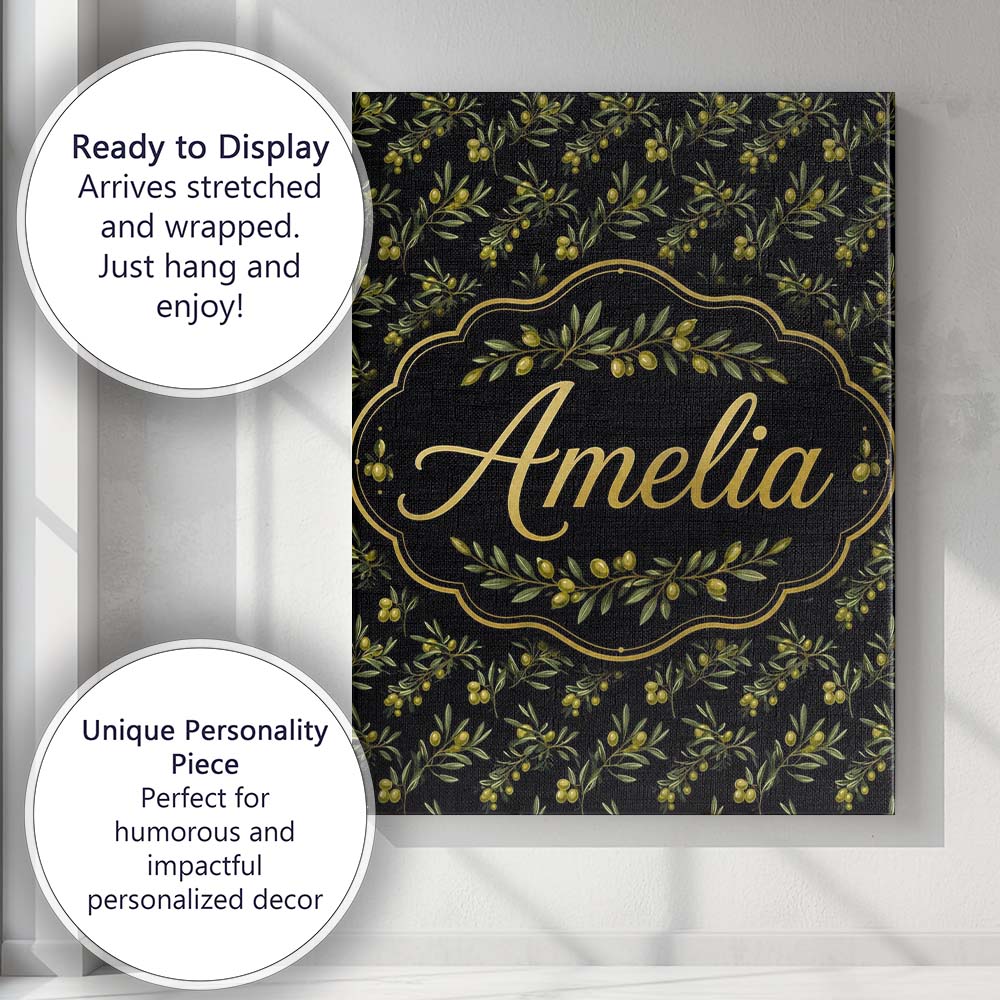Personalised Name Olive Branches and Olives Custom Bespoke Interior Contemporary Canvas Wall Art Print Decor Picture Ready to Hang