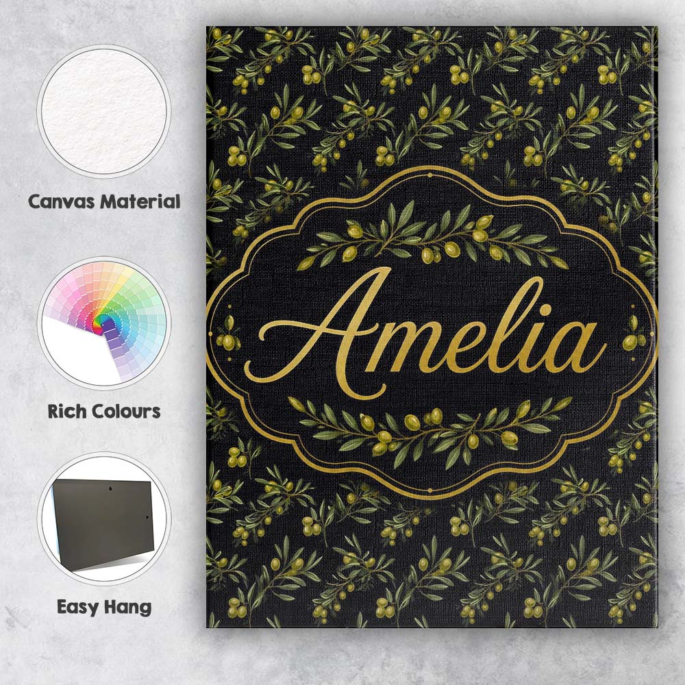 Personalised Name Olive Branches and Olives Custom Bespoke Interior Contemporary Canvas Wall Art Print Decor Picture Ready to Hang
