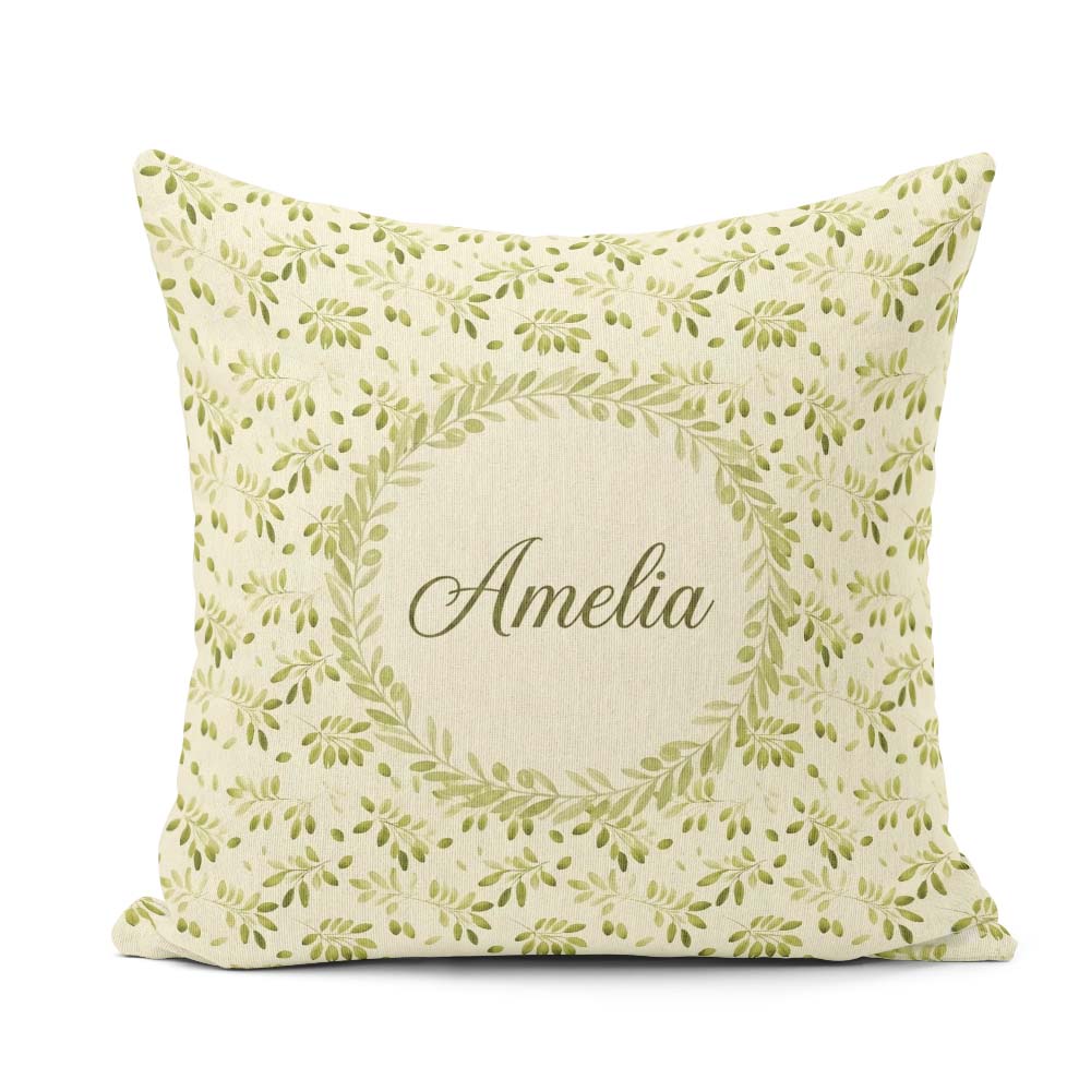 Custom Name Light Olive Leaves Seamless Pattern Botanical Nature Square Filled Cushion Throw Pillow Sofa Bed Home Decor Zip Washable UK Made