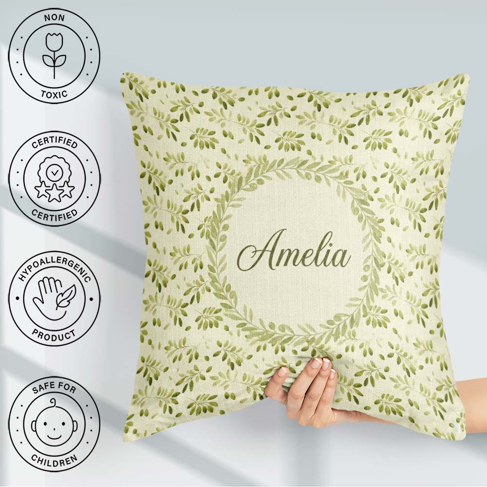 Custom Name Light Olive Leaves Seamless Pattern Botanical Nature Square Filled Cushion Throw Pillow Sofa Bed Home Decor Zip Washable UK Made