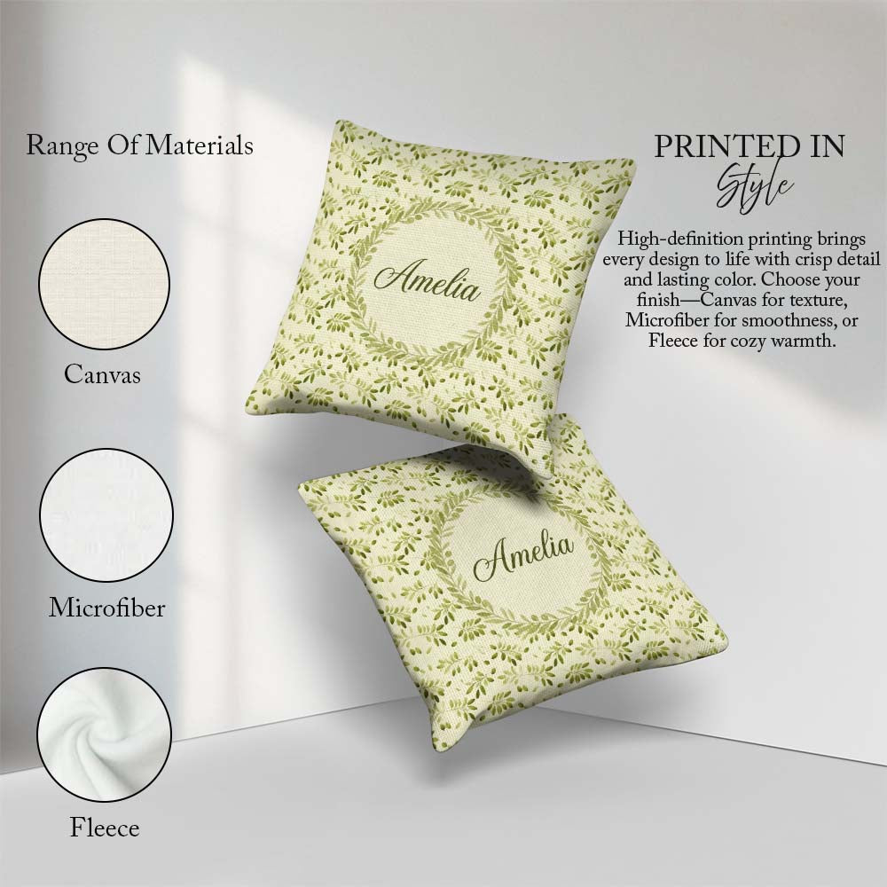 Custom Name Light Olive Leaves Seamless Pattern Botanical Nature Square Filled Cushion Throw Pillow Sofa Bed Home Decor Zip Washable UK Made