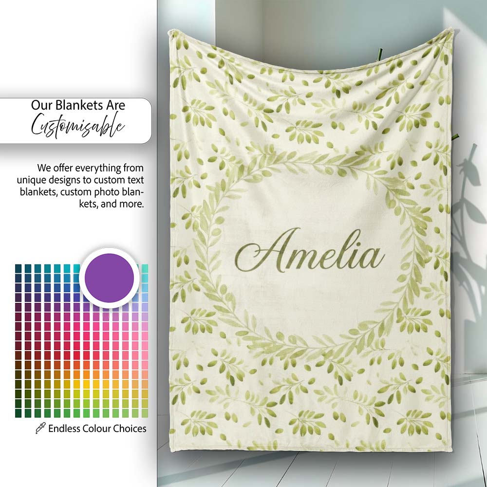 Light Olive Leaves Seamless Pattern Minimal Botanical Nature Design Personalised Custom Name Super Soft Fleece Blanket Bed Sofa Throw