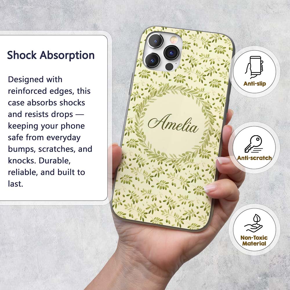 Light Olive Leaves Seamless Decorative Design Custom Name Protective Phone Case Mobile Cover Durable Everyday Smartphone Shock Resistant