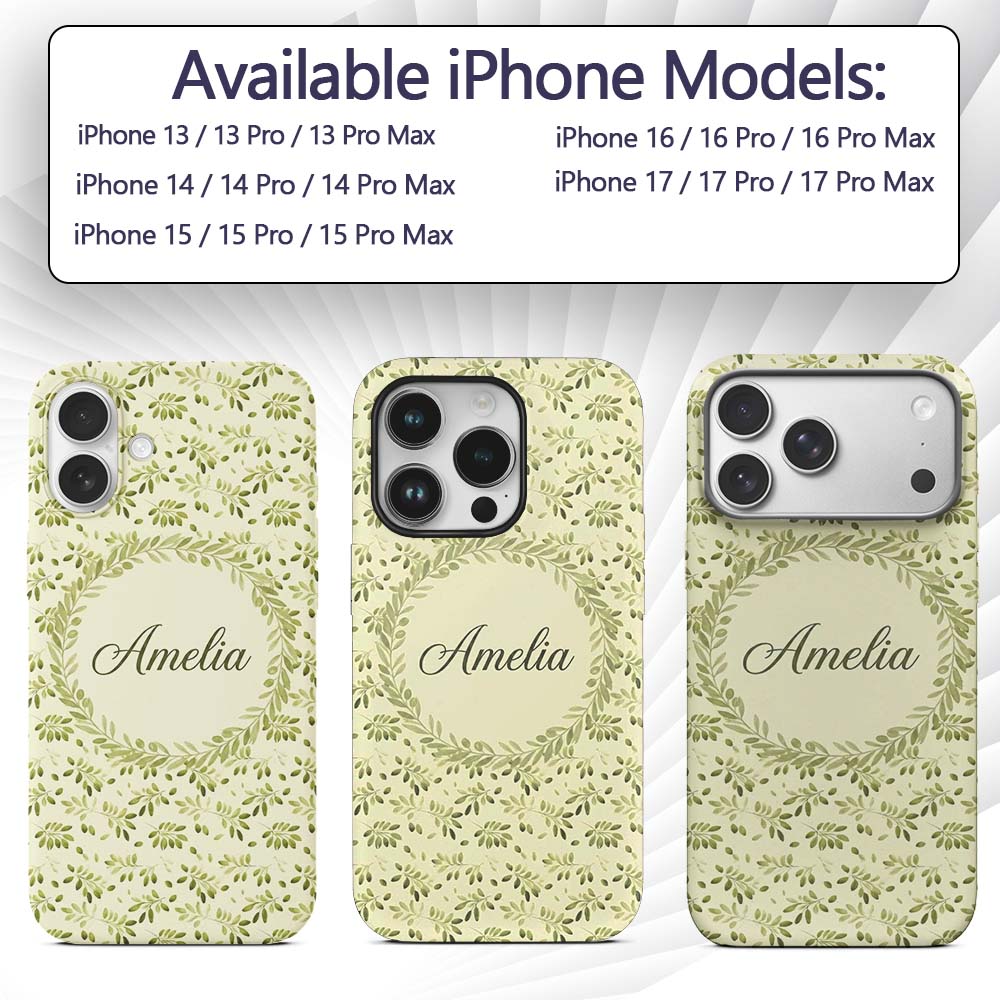 Light Olive Leaves Seamless Decorative Design Custom Name Protective Phone Case Mobile Cover Durable Everyday Smartphone Shock Resistant