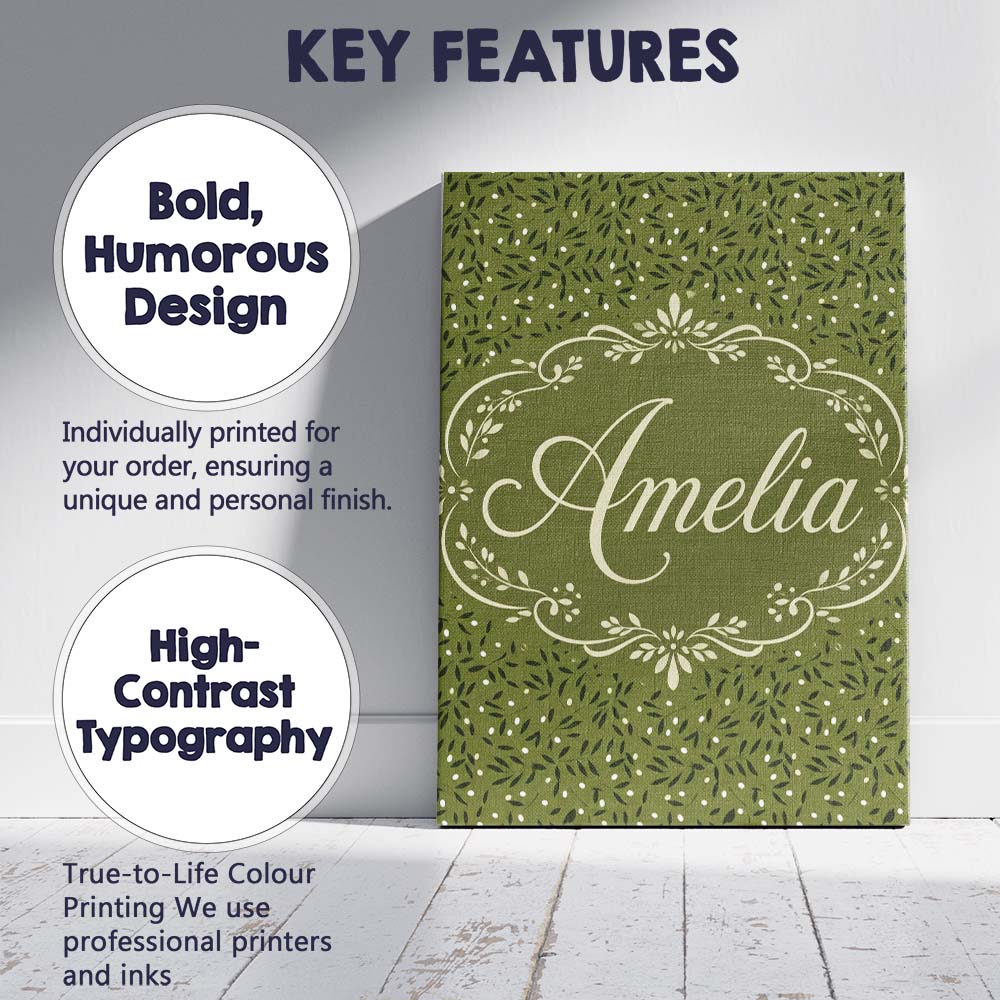 Personalised Name Green Olive Leaf Scatter Custom Unique Gift Idea Elegant Feature Canvas Wall Art Print Decor Picture Ready to Hang