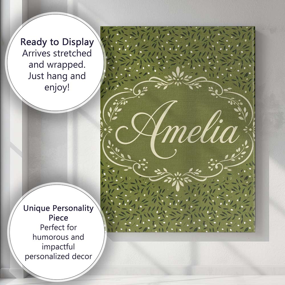 Personalised Name Green Olive Leaf Scatter Custom Unique Gift Idea Elegant Feature Canvas Wall Art Print Decor Picture Ready to Hang