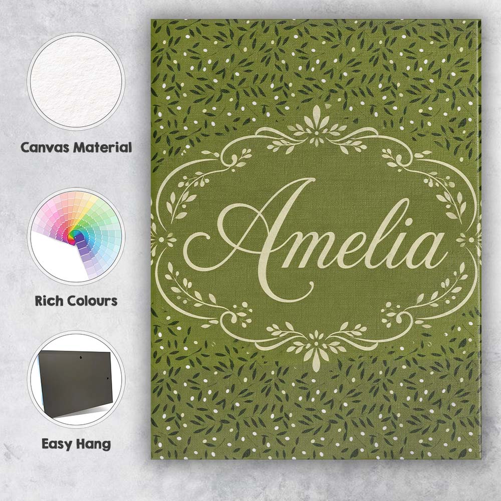 Personalised Name Green Olive Leaf Scatter Custom Unique Gift Idea Elegant Feature Canvas Wall Art Print Decor Picture Ready to Hang