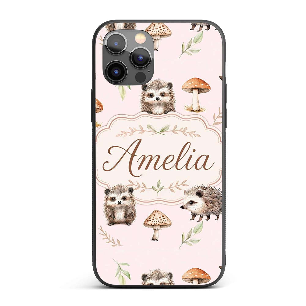 Cute Hedgehog and Mushroom Decorative Design Custom Name Protective Phone Case Mobile Cover Durable Everyday Smartphone Shock Resistant