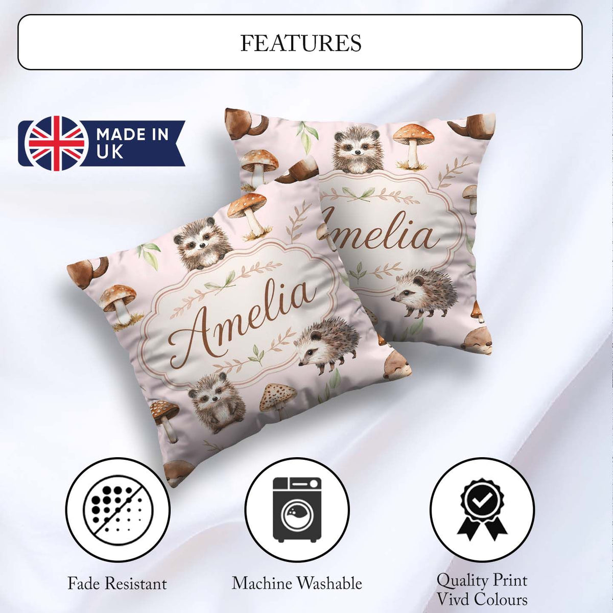 Custom Name Cute Hedgehog and Mushroom Seamless Pattern Woodland Square Filled Cushion Throw Pillow Sofa Bed Home Decor Zip Washable UK Made