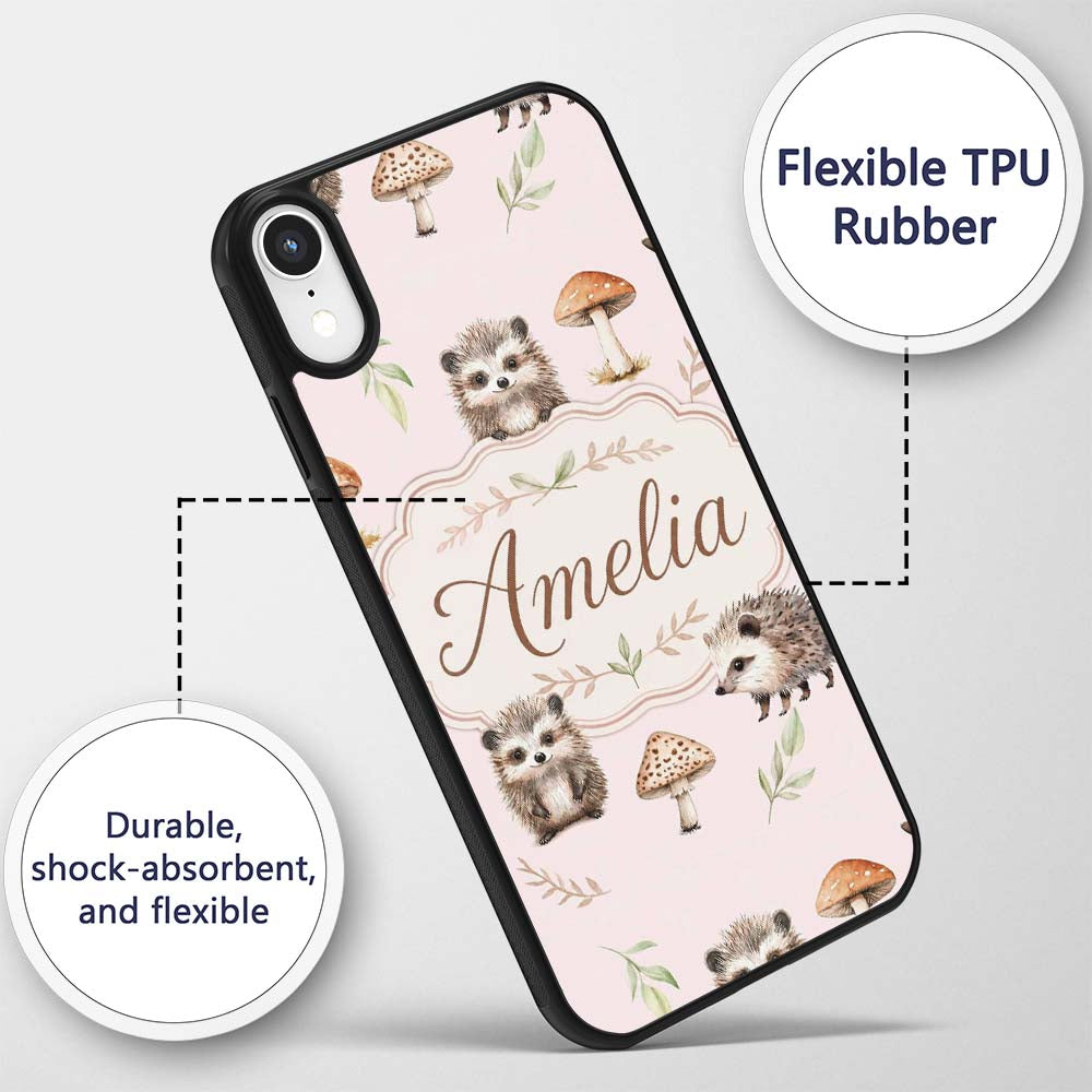 Cute Hedgehog and Mushroom Decorative Design Custom Name Protective Phone Case Mobile Cover Durable Everyday Smartphone Shock Resistant