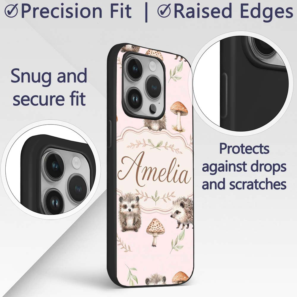 Cute Hedgehog and Mushroom Decorative Design Custom Name Protective Phone Case Mobile Cover Durable Everyday Smartphone Shock Resistant
