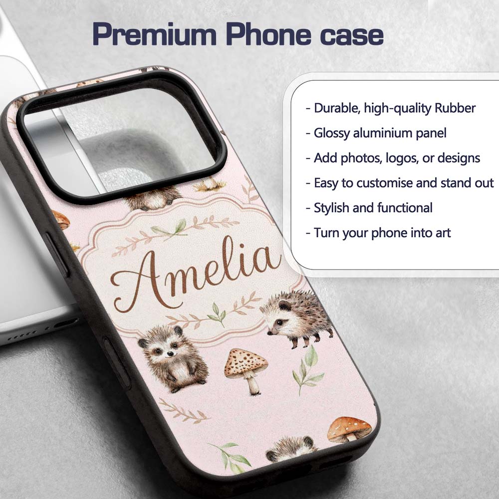 Cute Hedgehog and Mushroom Decorative Design Custom Name Protective Phone Case Mobile Cover Durable Everyday Smartphone Shock Resistant