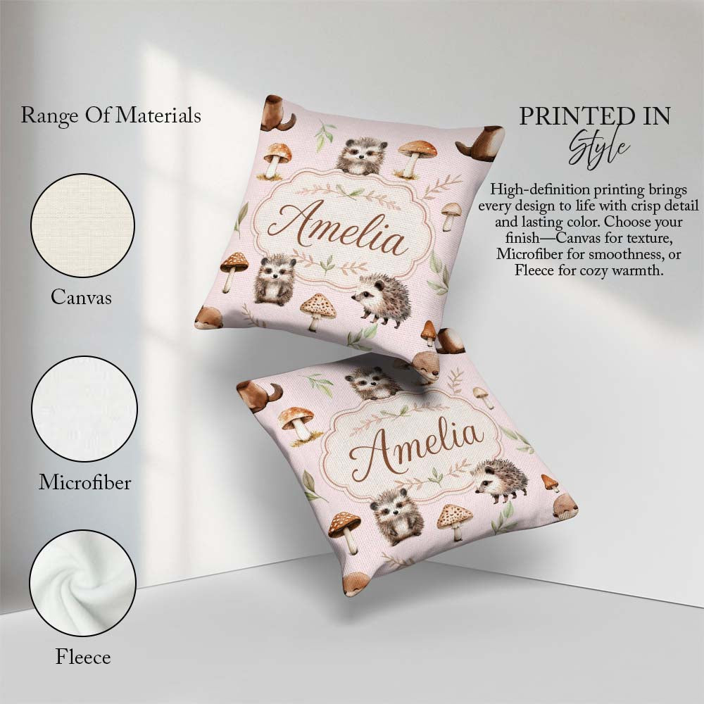 Custom Name Cute Hedgehog and Mushroom Seamless Pattern Woodland Square Filled Cushion Throw Pillow Sofa Bed Home Decor Zip Washable UK Made