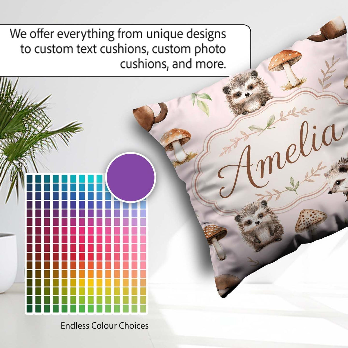 Custom Name Cute Hedgehog and Mushroom Seamless Pattern Woodland Square Filled Cushion Throw Pillow Sofa Bed Home Decor Zip Washable UK Made