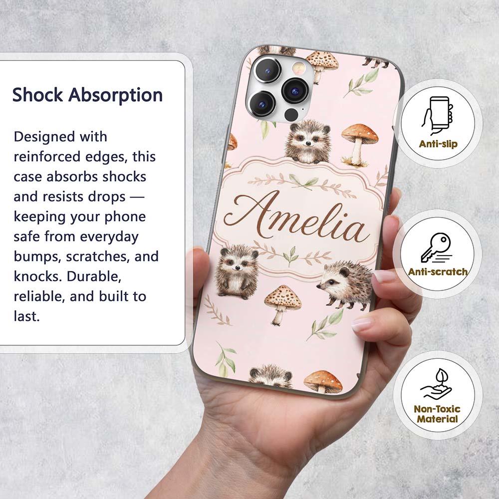 Cute Hedgehog and Mushroom Decorative Design Custom Name Protective Phone Case Mobile Cover Durable Everyday Smartphone Shock Resistant