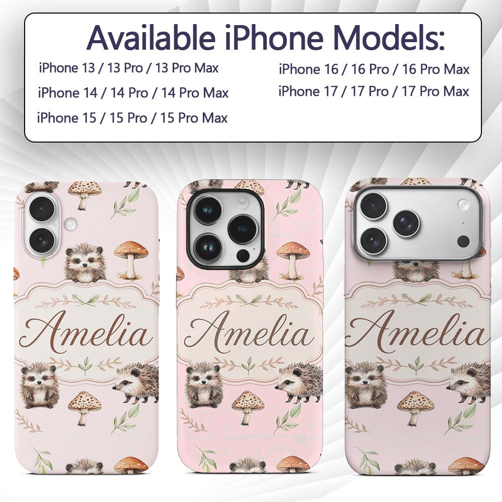 Cute Hedgehog and Mushroom Decorative Design Custom Name Protective Phone Case Mobile Cover Durable Everyday Smartphone Shock Resistant
