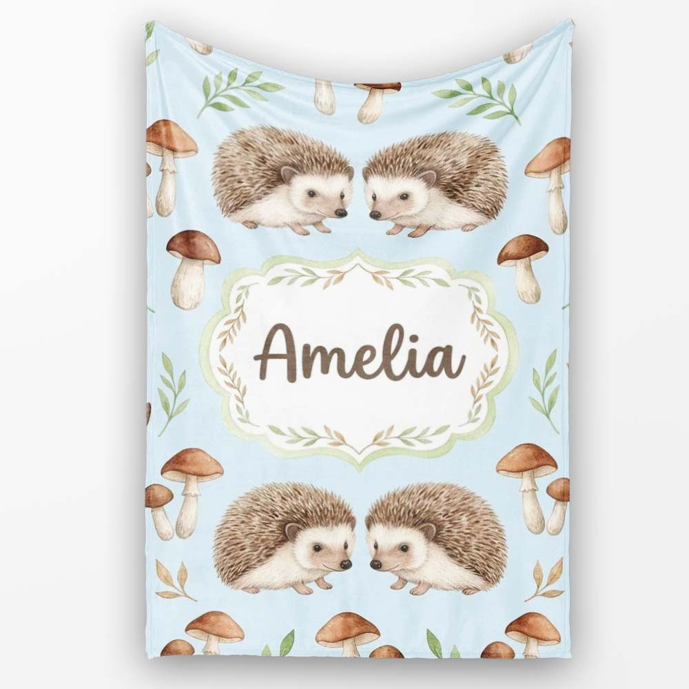 Hedgehog Mushroom Pastel Seamless Pattern Woodland Animal Nursery Personalised Custom Name Super Soft Fleece Blanket Bed Sofa Throw