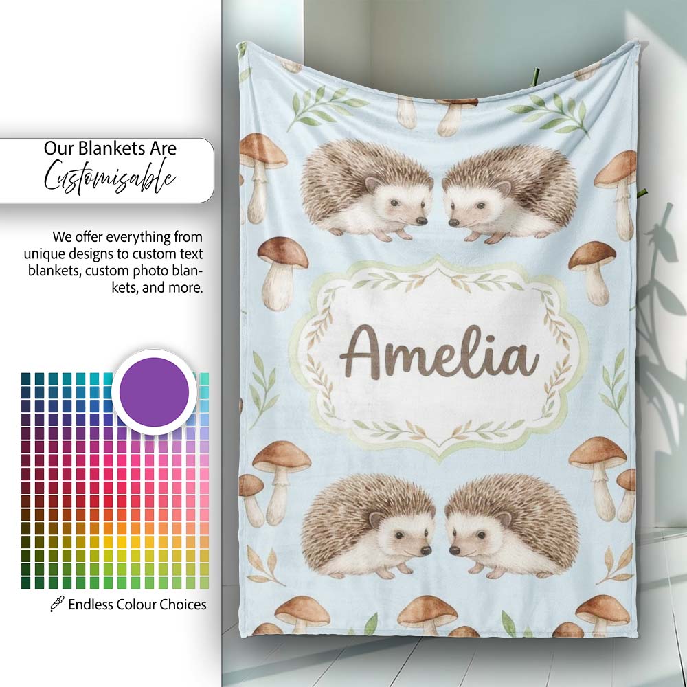 Hedgehog Mushroom Pastel Seamless Pattern Woodland Animal Nursery Personalised Custom Name Super Soft Fleece Blanket Bed Sofa Throw