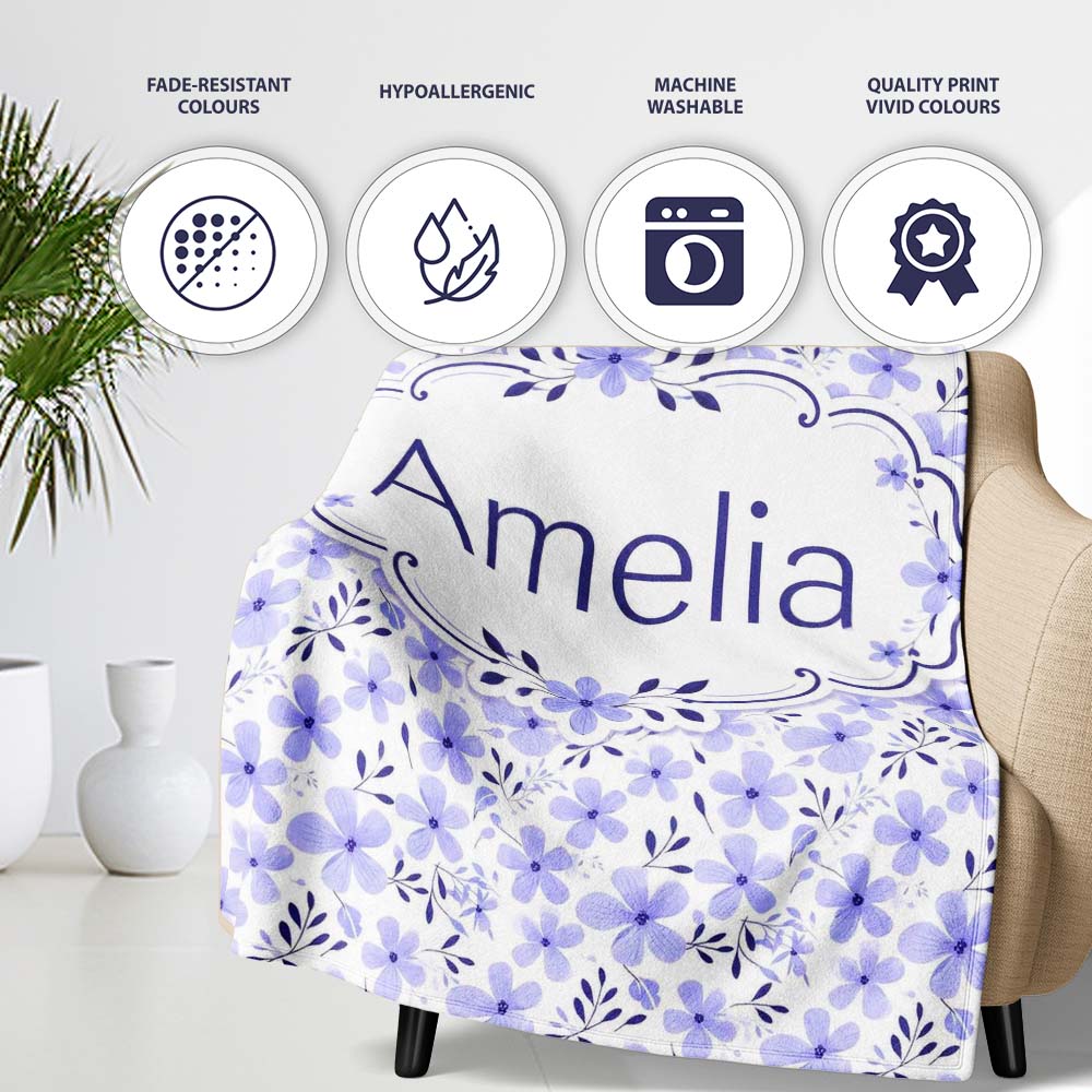 Purple Floral Meadow Seamless Pattern Simple Botanical Repeat Design Personalised Custom Name Super Soft Fleece Blanket Bed Sofa Throw