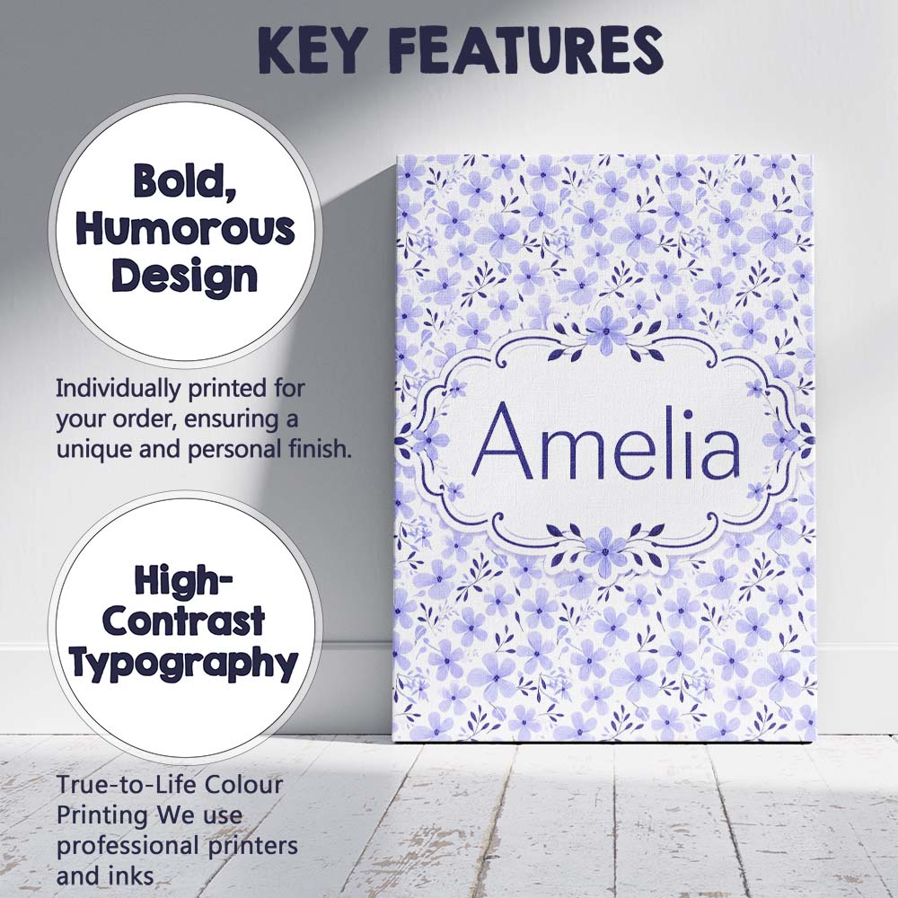 Personalised Name Purple Floral Meadow Custom Modern Room Accent Elegant Feature Canvas Wall Art Print Decor Picture Ready to Hang