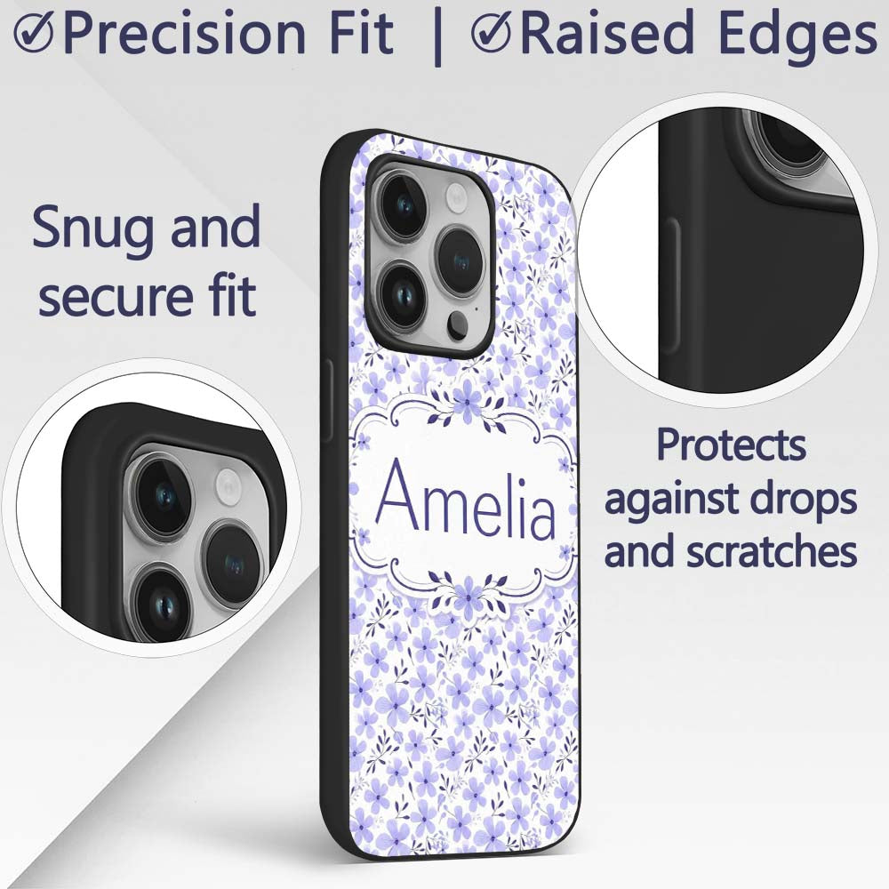 Purple Floral Meadow Seamless Pattern Simple Custom Name Protective Phone Case Mobile Cover Durable Everyday Smartphone Shock Resistant