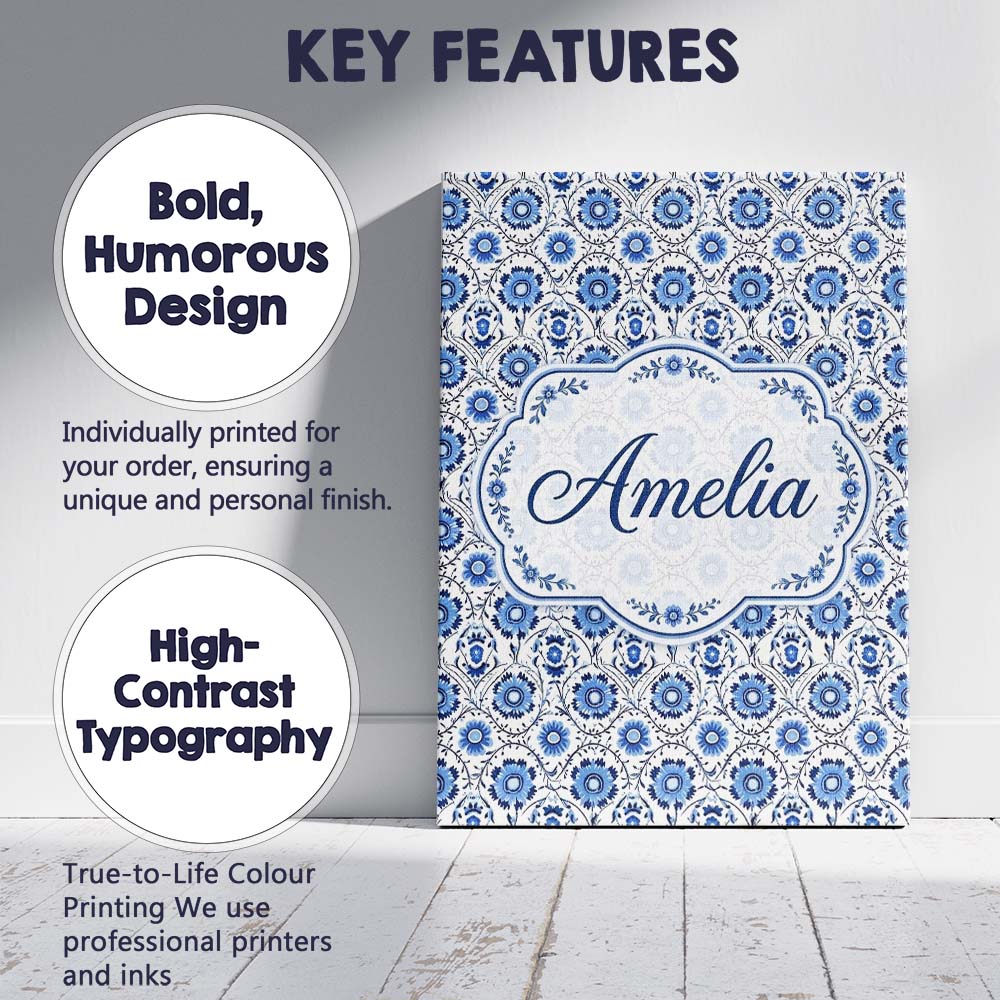 Personalised Name Blue Floral Folk Custom Stylish Home Interior Unique Gift Idea Canvas Wall Art Print Decor Picture Ready to Hang