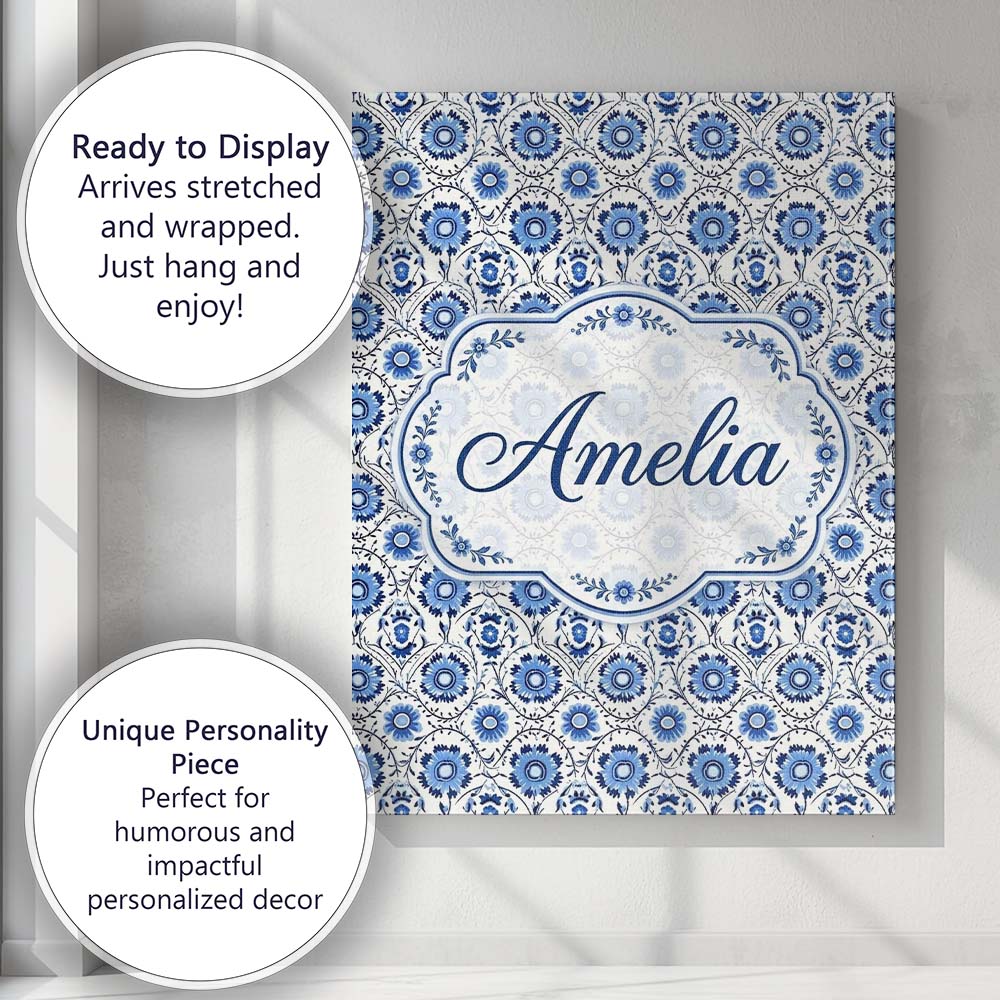 Personalised Name Blue Floral Folk Custom Stylish Home Interior Unique Gift Idea Canvas Wall Art Print Decor Picture Ready to Hang