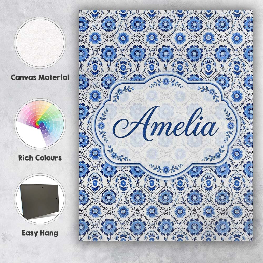 Personalised Name Blue Floral Folk Custom Stylish Home Interior Unique Gift Idea Canvas Wall Art Print Decor Picture Ready to Hang