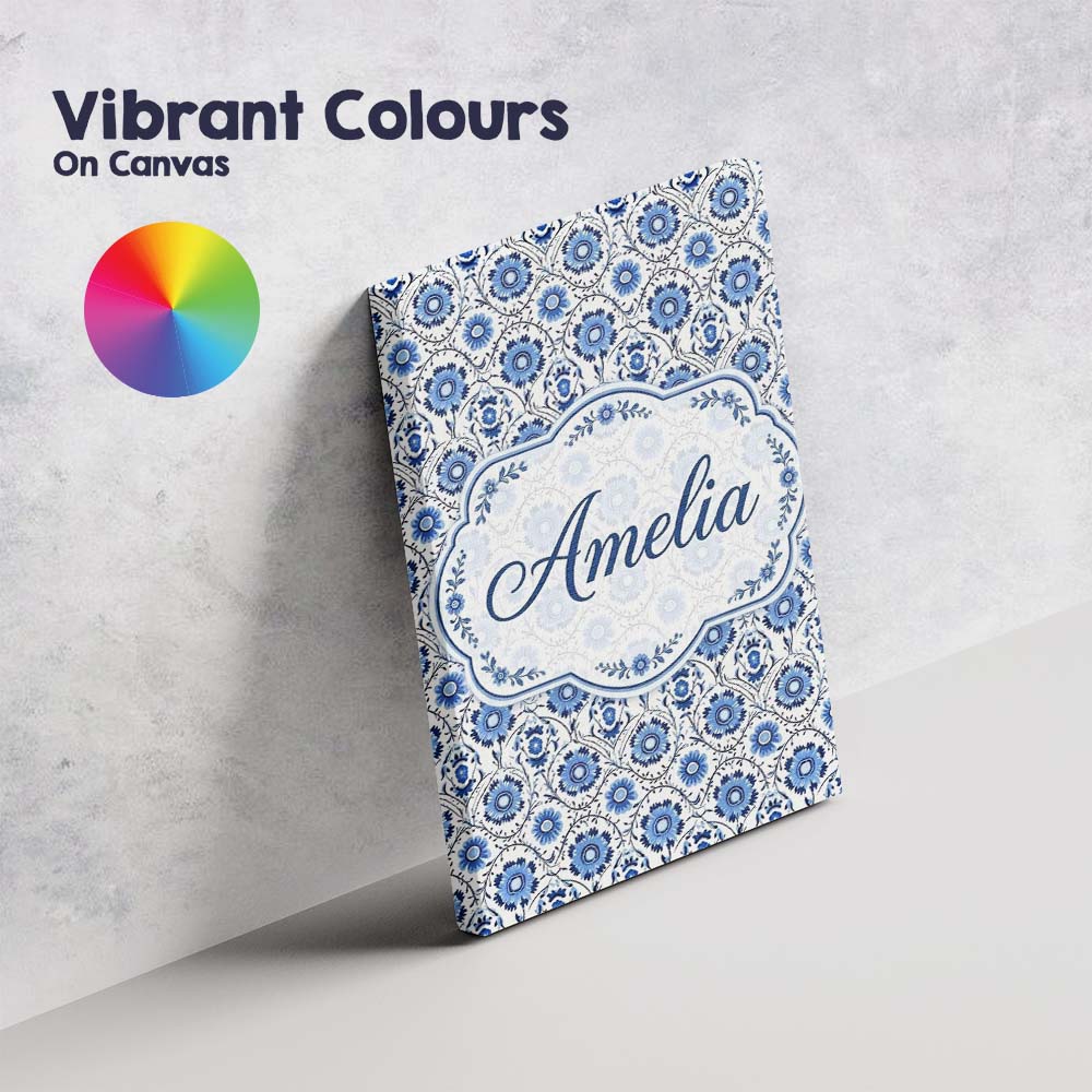 Personalised Name Blue Floral Folk Custom Stylish Home Interior Unique Gift Idea Canvas Wall Art Print Decor Picture Ready to Hang