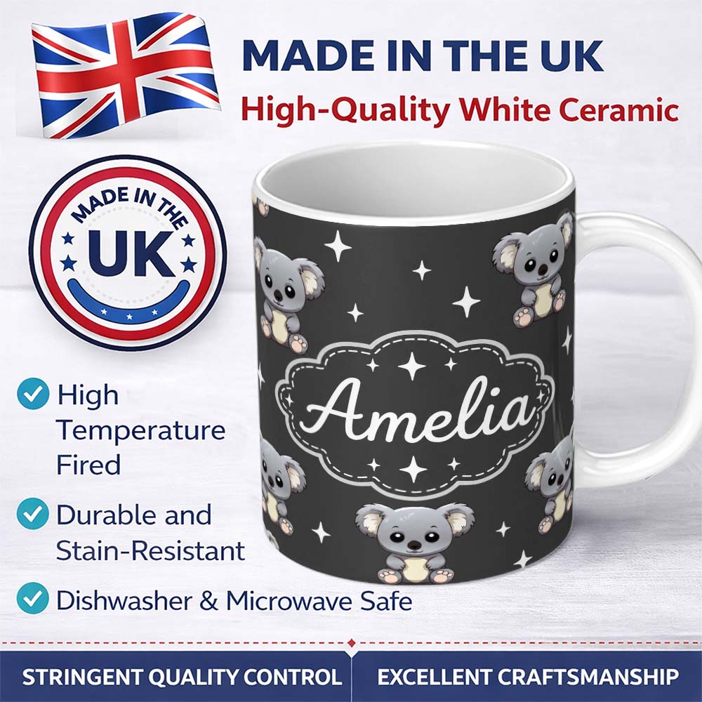Personalized Custom Name Cute Cartoon Koala Bears with White Stars on Dark Grey Background 11oz Ceramic Coffee Tea Mug White Large Handle
