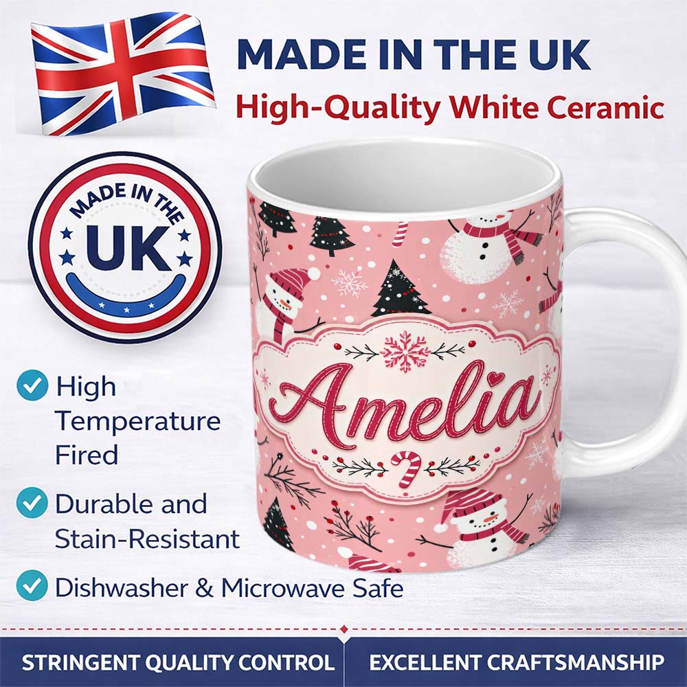 Personalized Custom Name Cute Snowman Candy Cane Christmas Tree Seamless Pattern Lovely 11oz Ceramic Coffee Tea Mug White Large Handle
