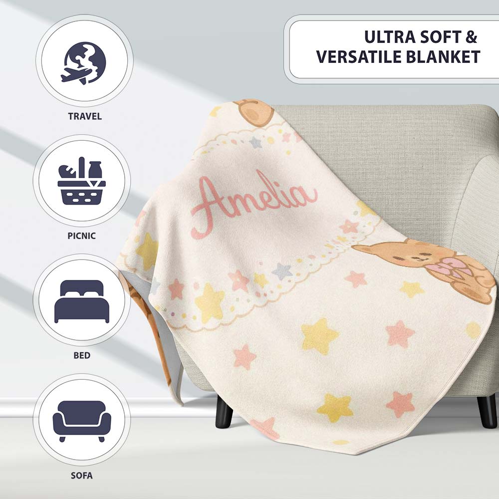Cute Teddy Bear Bow Cartoon Animal Pattern Beautiful Coffee Cup Personalised Custom Name Super Soft Fleece Blanket Bed Sofa Throw