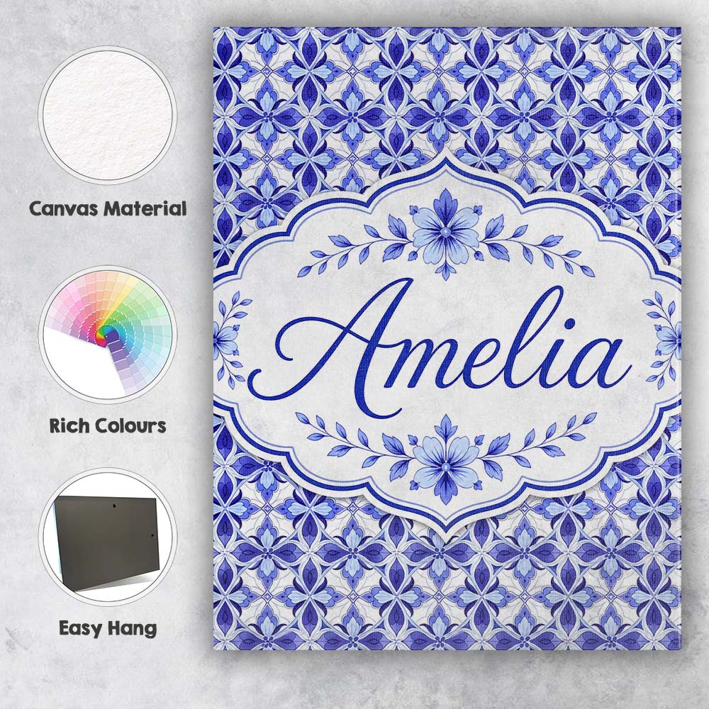 Personalised Name Blue Geometric Floral Custom Modern Room Accent Elegant Feature Canvas Wall Art Print Decor Picture Ready to Hang