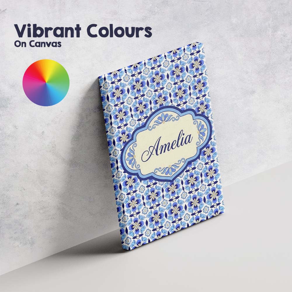 Personalised Name Blue Floral Tile Geometric Custom Bespoke Contemporary Display Canvas Wall Art Print Decor Picture Ready to Hang
