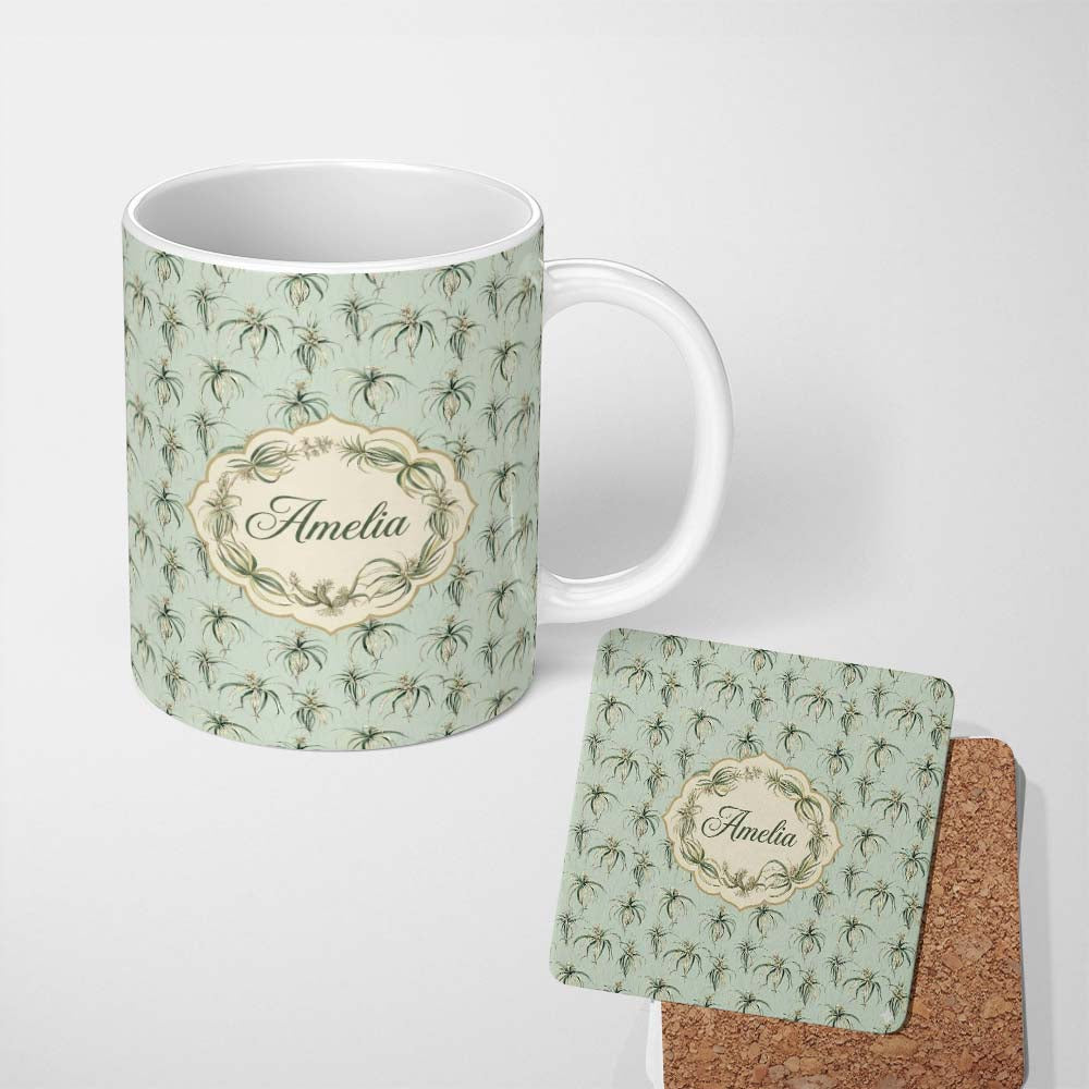 Personalized Custom Name Vintage Hanging Air Plants Botanical Seamless Pattern Lovely 11oz Ceramic Coffee Tea Mug White Large Handle