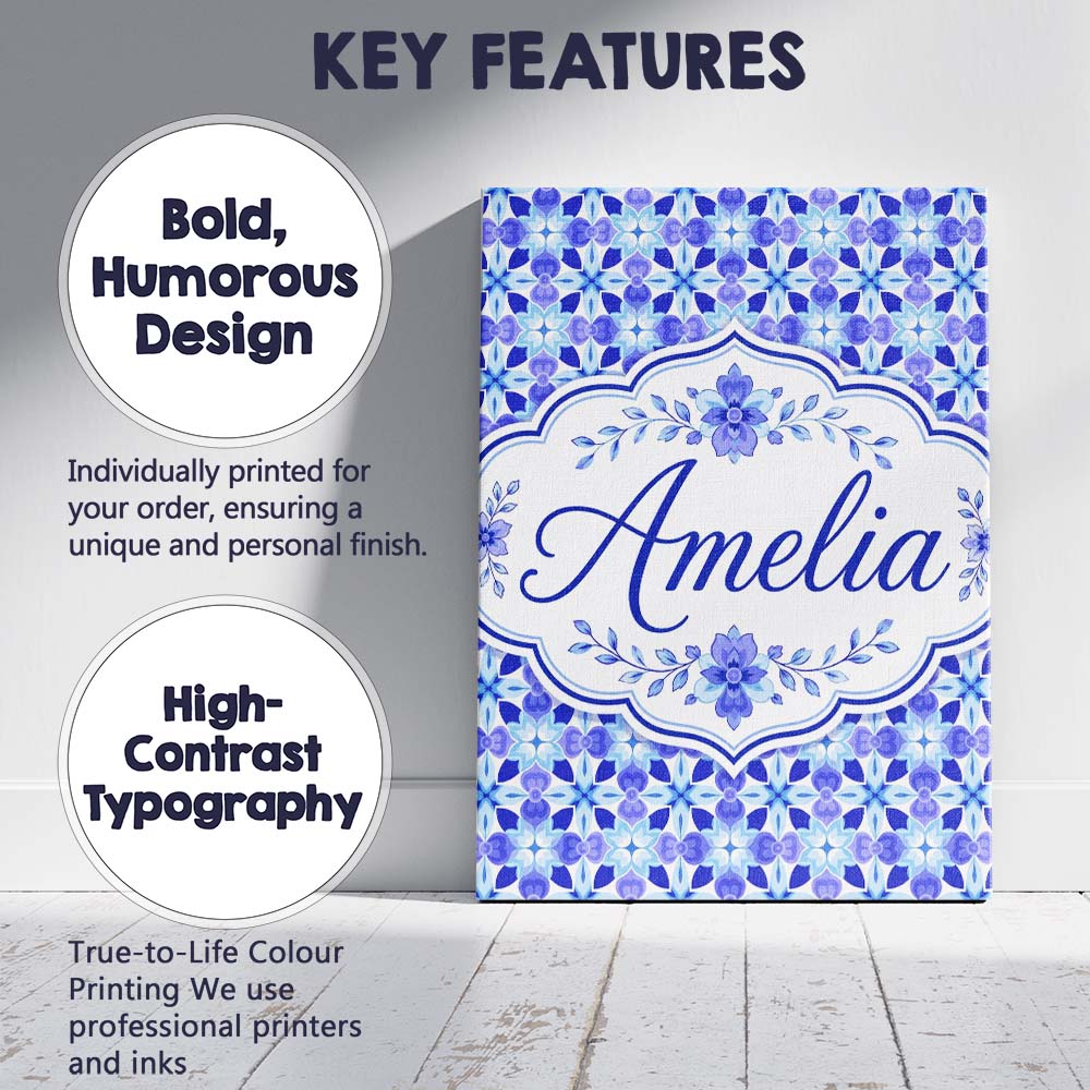 Personalised Name Blue Kaleidoscope Floral Custom Unique Gift Idea Elegant Feature Canvas Wall Art Print Decor Picture Ready to Hang