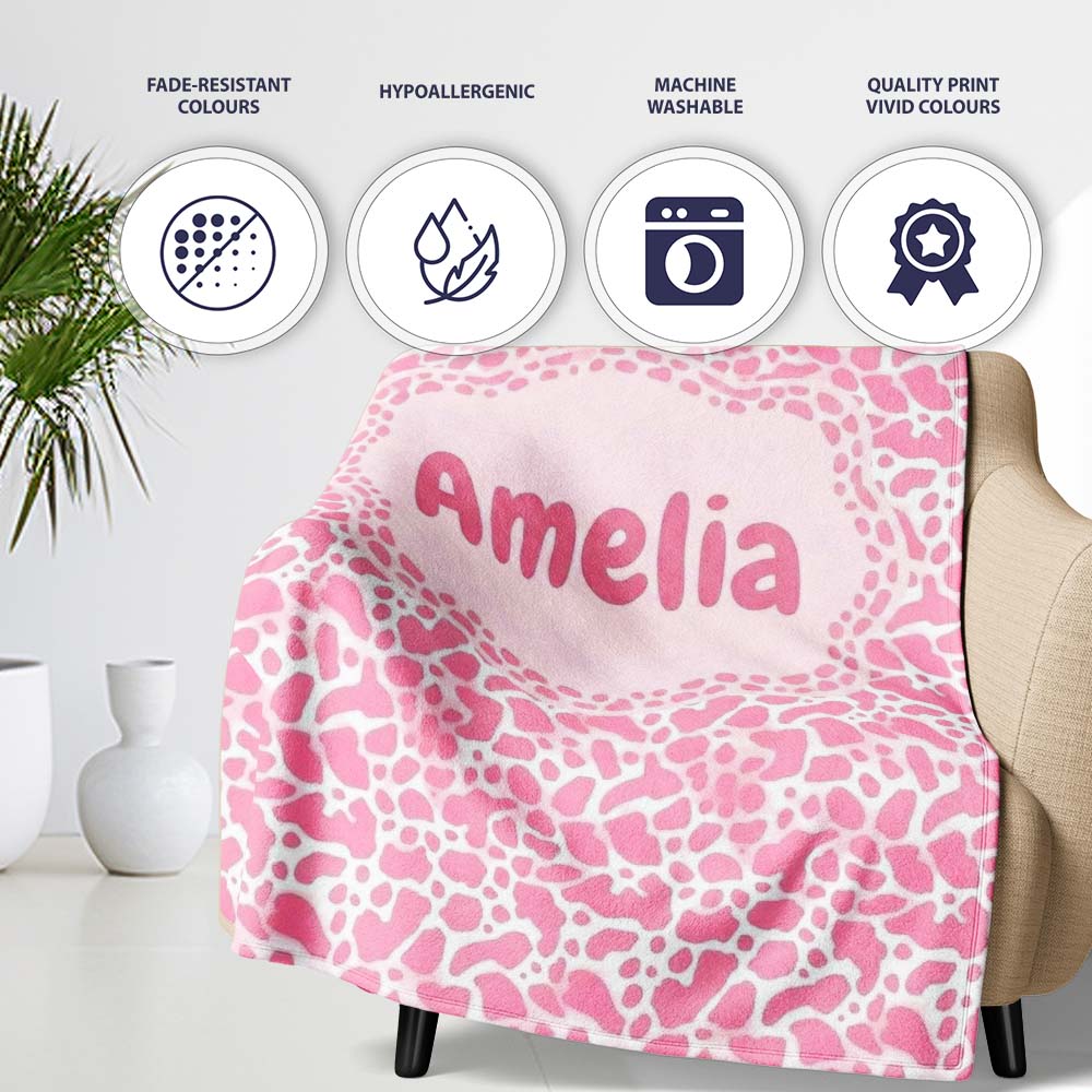 Pink Abstract Animal Print Seamless Pattern Soft Organic Shape Personalised Custom Name Super Soft Fleece Blanket Bed Sofa Throw