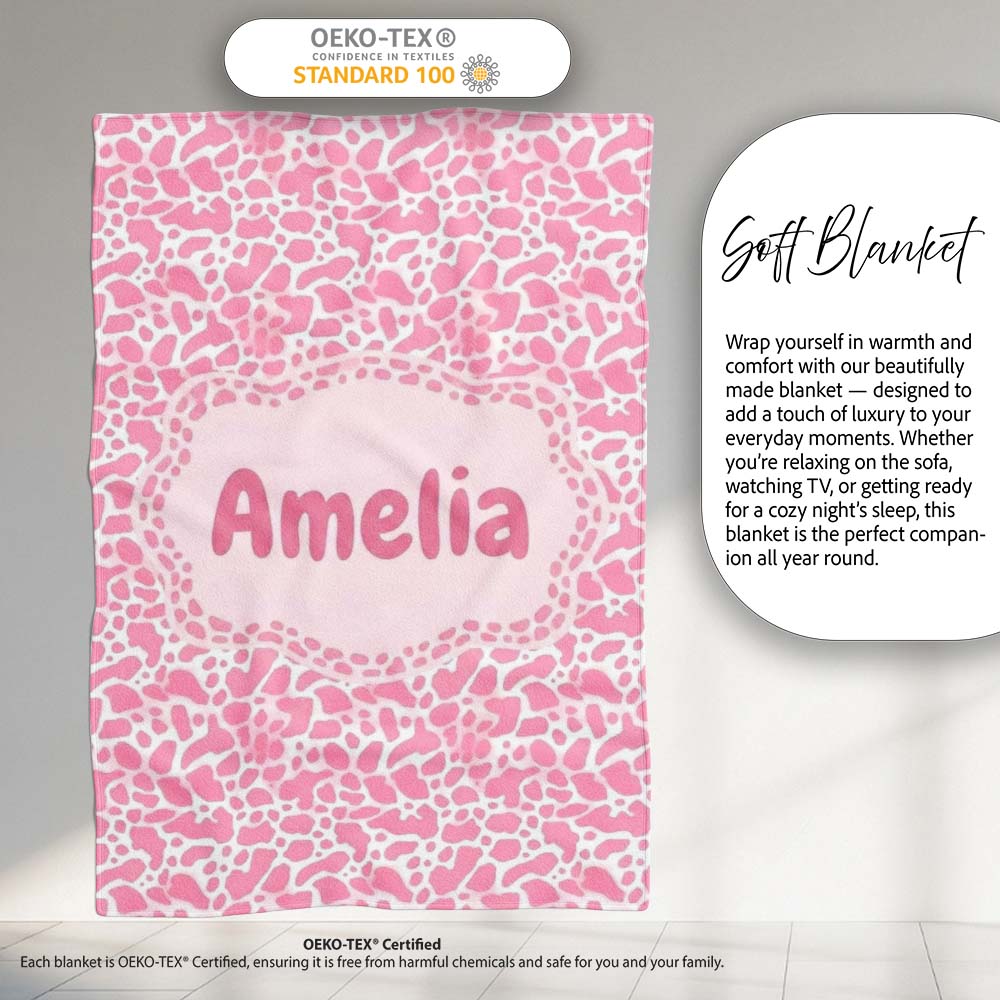 Pink Abstract Animal Print Seamless Pattern Soft Organic Shape Personalised Custom Name Super Soft Fleece Blanket Bed Sofa Throw