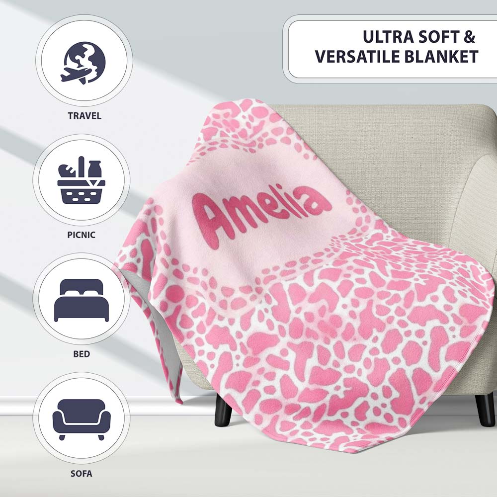 Pink Abstract Animal Print Seamless Pattern Soft Organic Shape Personalised Custom Name Super Soft Fleece Blanket Bed Sofa Throw