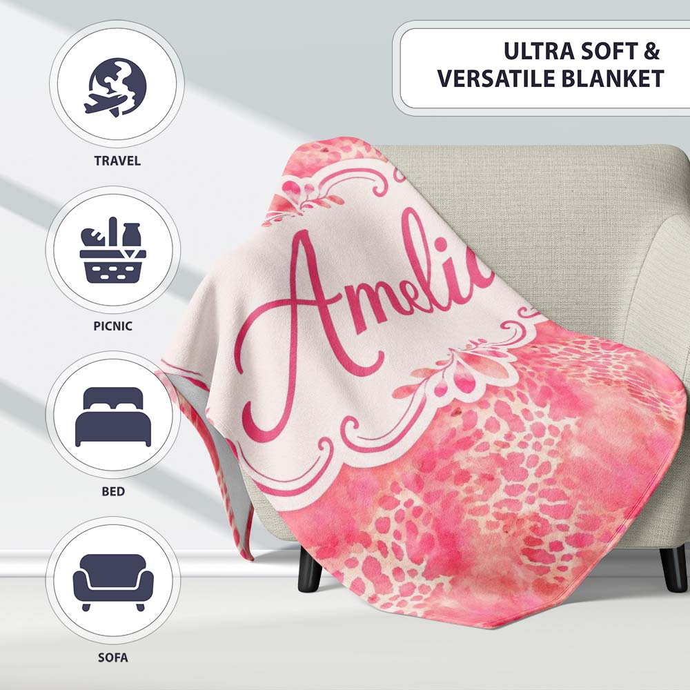 Pink Watercolor Leopard Print Seamless Pattern Blended Animal Lovely Personalised Custom Name Super Soft Fleece Blanket Bed Sofa Throw