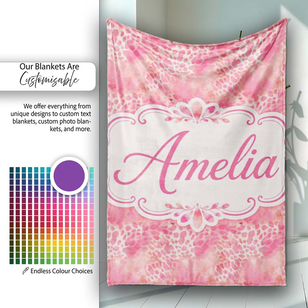 Pink Watercolor Leopard Print Seamless Pattern Blended Animal Lovely Personalised Custom Name Super Soft Fleece Blanket Bed Sofa Throw