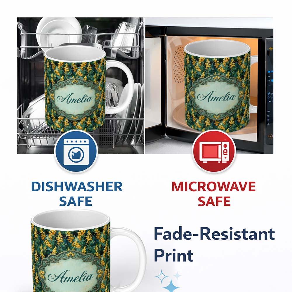 Personalized Custom Name Rich Dark Botanical Pattern with Golden Yellow Flowers on Deep Green 11oz Ceramic Coffee Tea Mug White Large Handle
