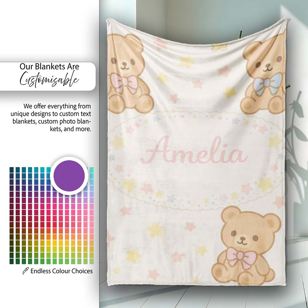 Cute Teddy Bear Bow Cartoon Animal Pattern Beautiful Coffee Cup Personalised Custom Name Super Soft Fleece Blanket Bed Sofa Throw