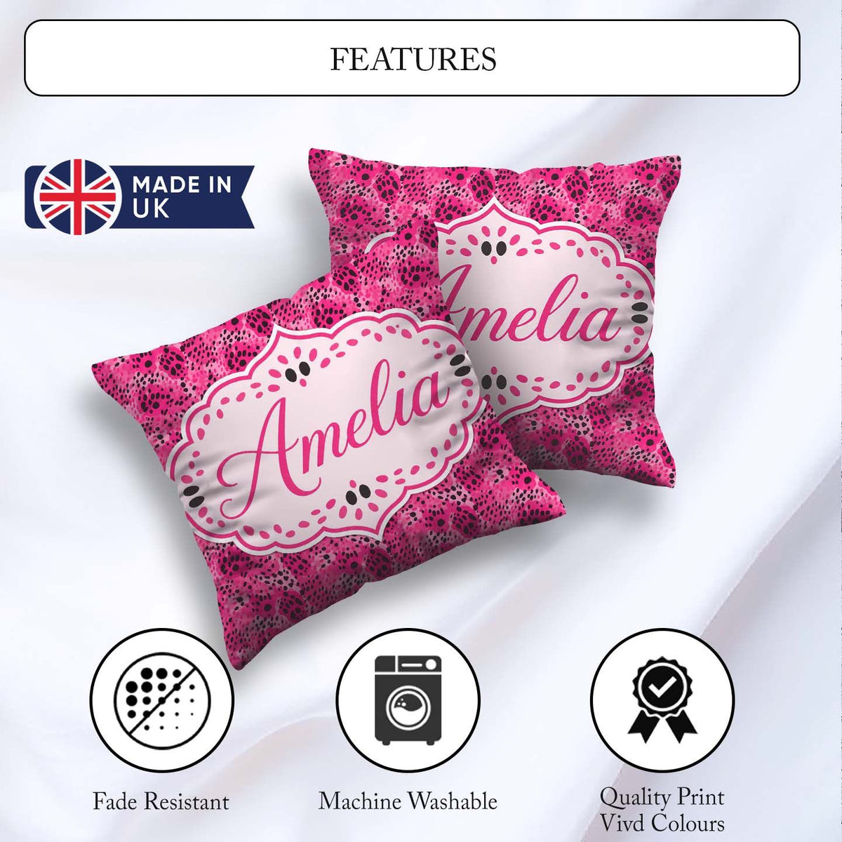 Custom Name Bright Pink Leopard Spot Seamless Pattern Bold Print Square Filled Cushion Throw Pillow Sofa Bed Home Decor Zip Washable UK Made